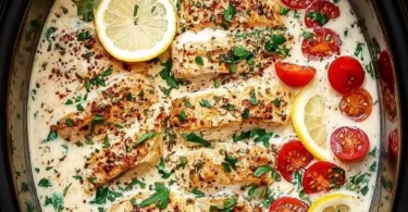 Crockpot Creamy Garlic Parmesan Chicken with herbs and spices