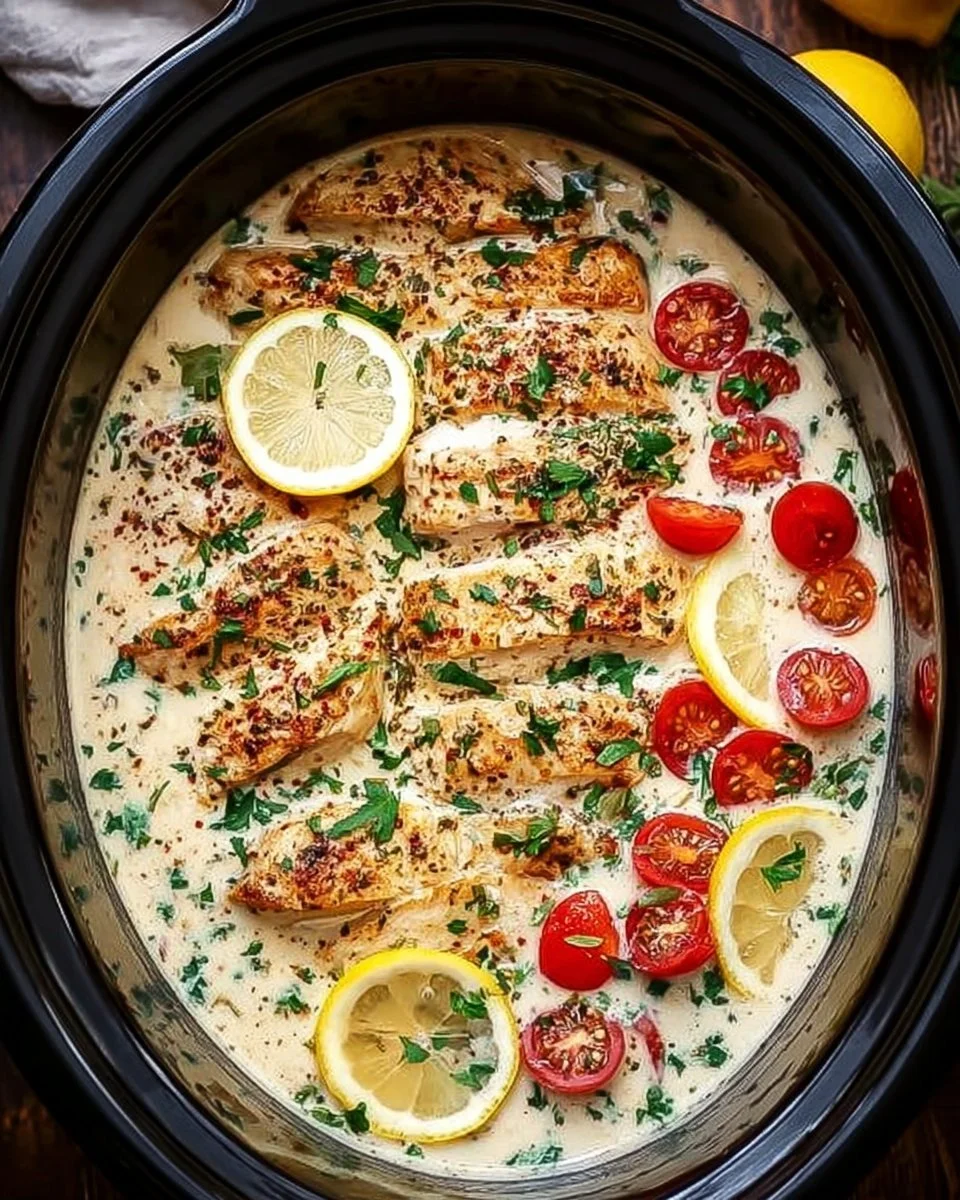 Crockpot Creamy Garlic Parmesan Chicken with herbs and spices