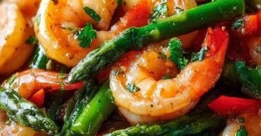 Stir fry with shrimp and asparagus in a colorful and flavorful dish