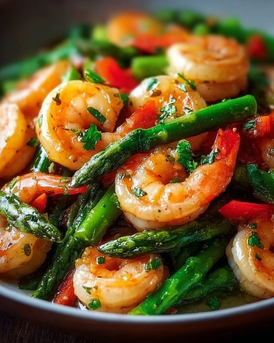 Stir fry with shrimp and asparagus in a colorful and flavorful dish