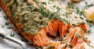 Delicious Dijon Baked Salmon garnished with herbs and served on a plate.