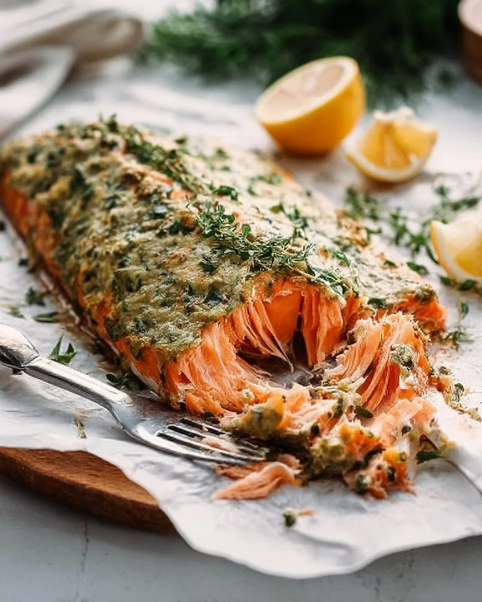 Delicious Dijon Baked Salmon garnished with herbs and served on a plate.