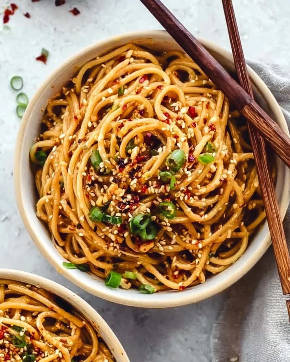 Bowl of easy garlic sesame noodles garnished with green onions and sesame seeds