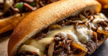 Easy Slow Cooker Philly Cheesesteak served with melted cheese and peppers