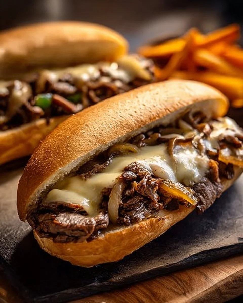 Easy Slow Cooker Philly Cheesesteak served with melted cheese and peppers