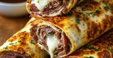 French Dip Tortilla Roll Ups served on a platter with dipping sauce.
