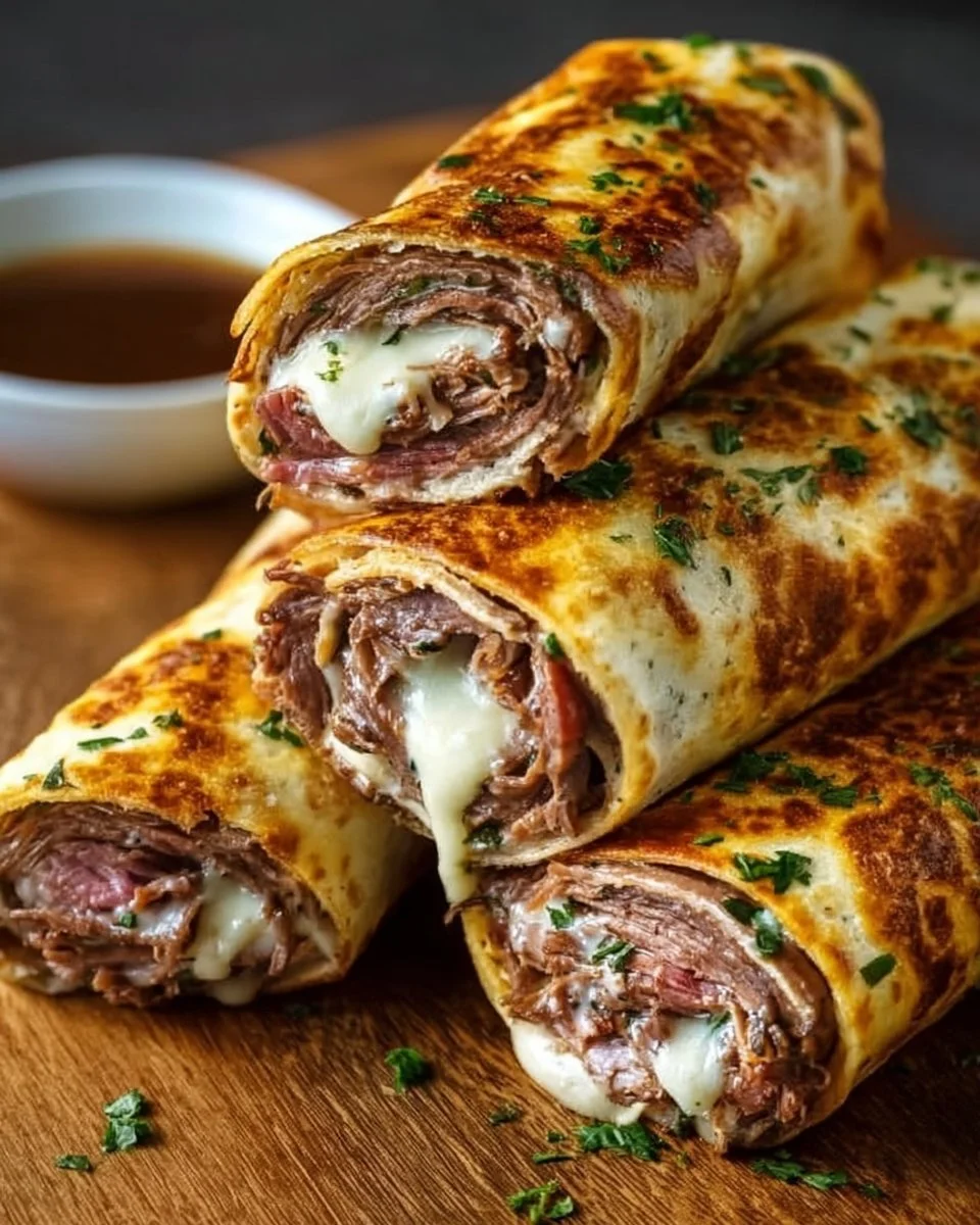 French Dip Tortilla Roll Ups served on a platter with dipping sauce.