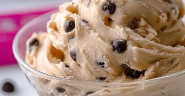Bowl of Greek yogurt cookie dough ready to enjoy.