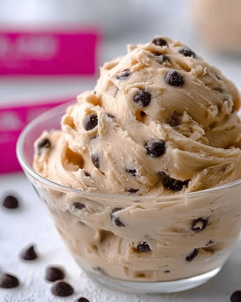Bowl of Greek yogurt cookie dough ready to enjoy.