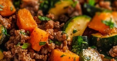 Ground beef zucchini skillet with sweet potatoes meal preparation