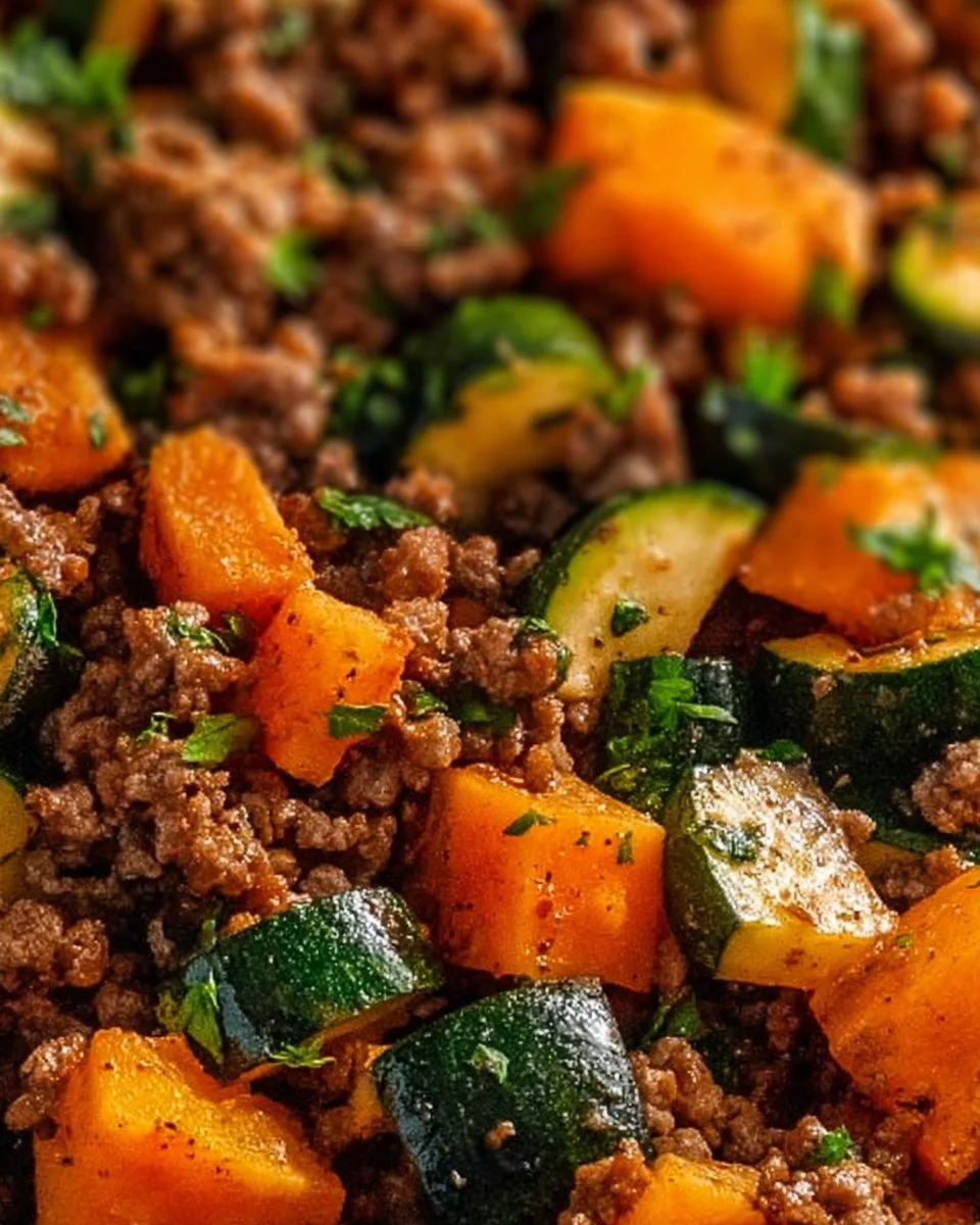 Ground beef zucchini skillet with sweet potatoes meal preparation