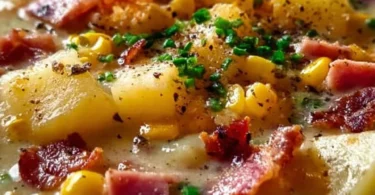 Bowl of creamy Ham and Potato Corn Chowder garnished with herbs