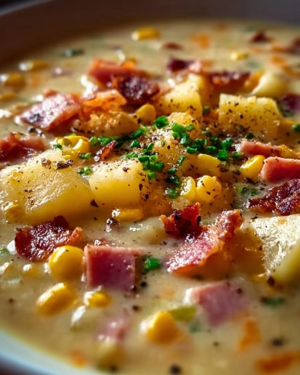 Bowl of creamy Ham and Potato Corn Chowder garnished with herbs