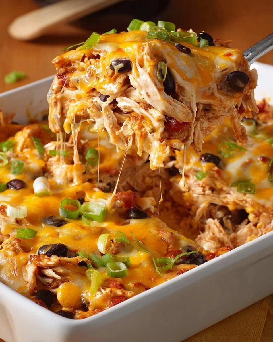 Healthy chicken taco casserole with colorful toppings served in a baking dish.
