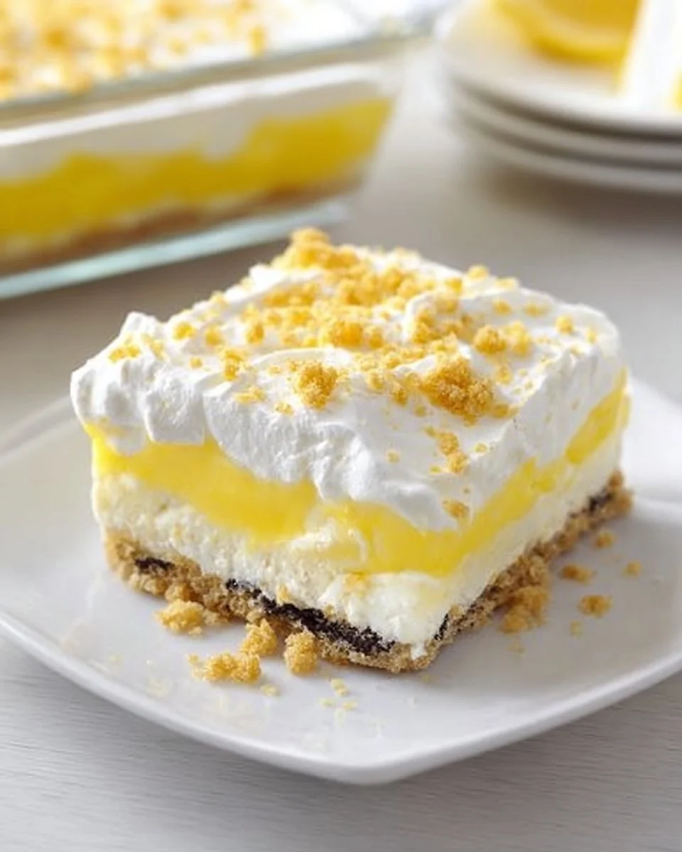 Heavenly Oreo Lemon Dessert with a creamy lemon layer and crushed Oreo crust