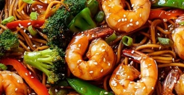 High-protein shrimp stir fry with noodles in a vibrant one-pan dish.