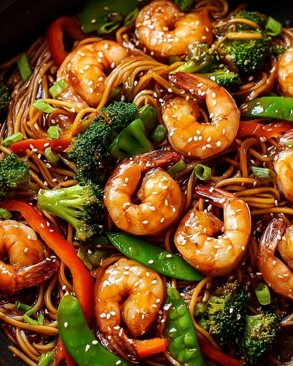 High-protein shrimp stir fry with noodles in a vibrant one-pan dish.