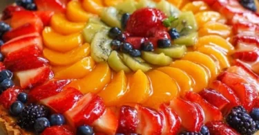 A vibrant homemade fruit tart with assorted fresh fruits on top