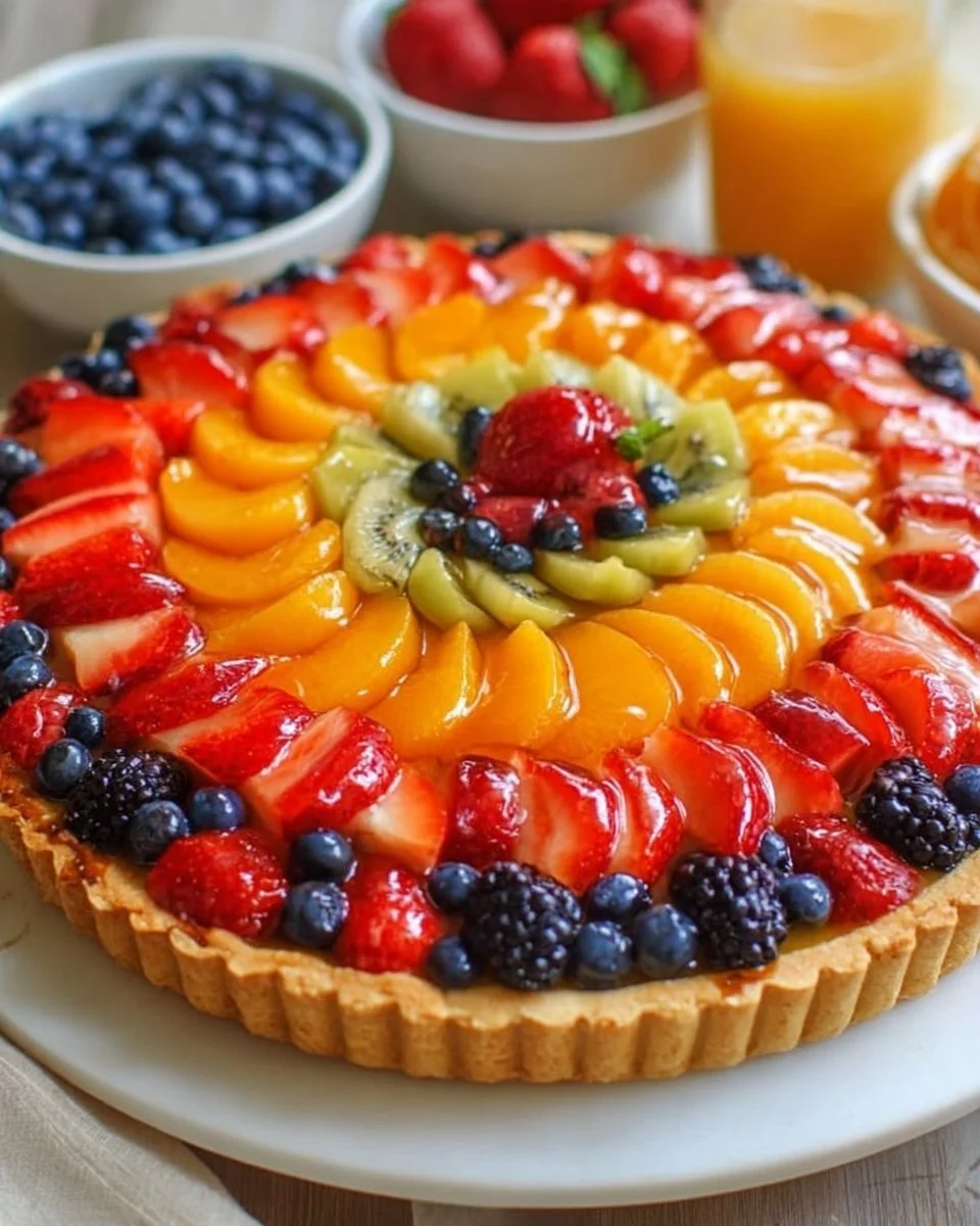 A vibrant homemade fruit tart with assorted fresh fruits on top