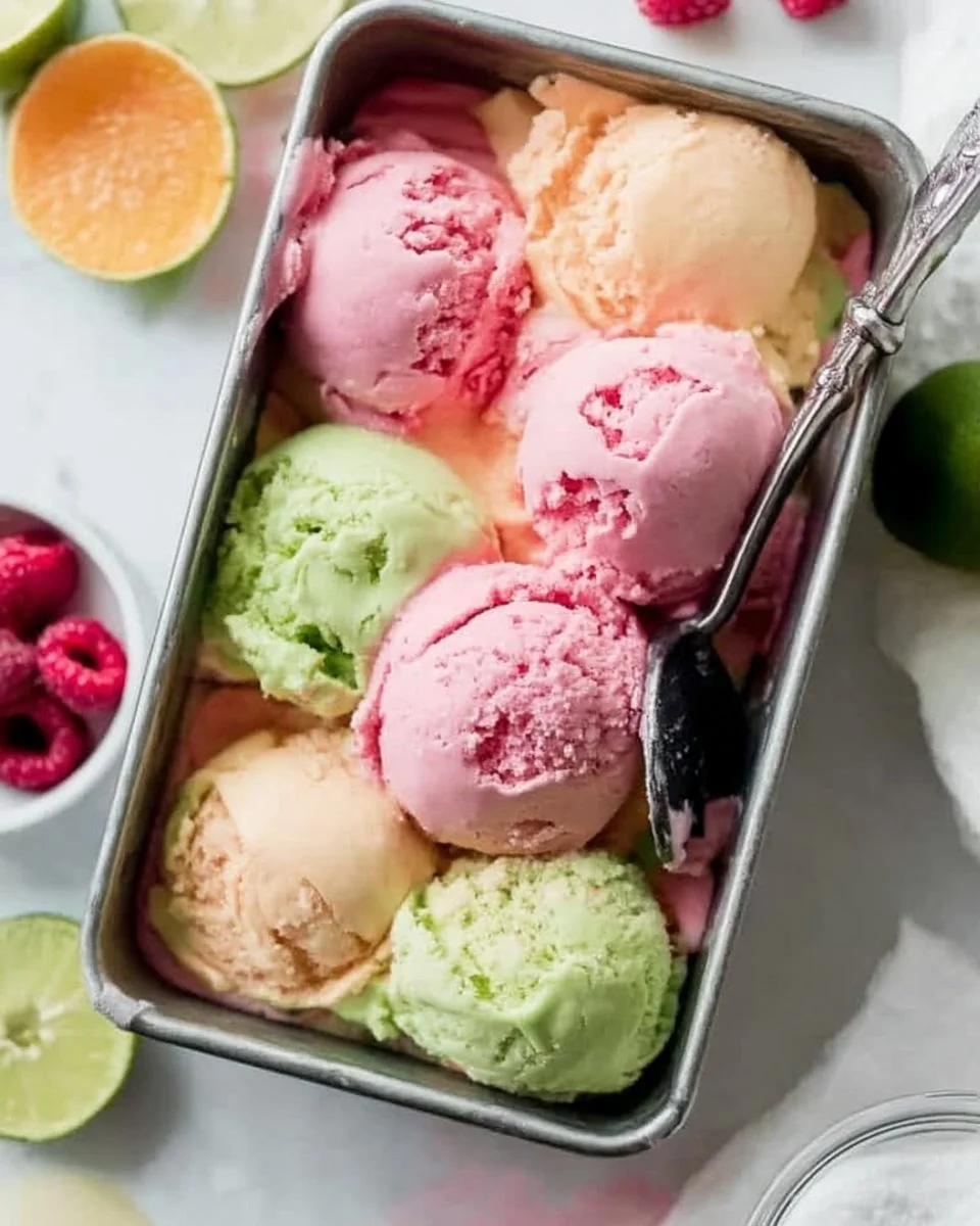 A bowl of colorful homemade rainbow sherbet with vibrant flavors.