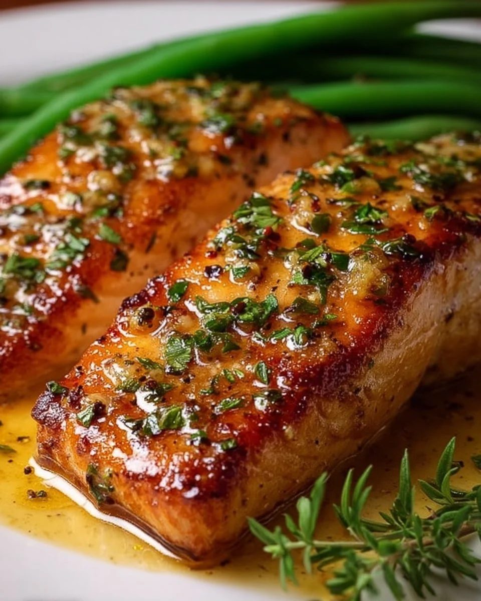 Delicious Honey Butter Salmon fillet drizzled with sweet honey glaze on a plate