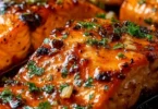 Delicious Honey Garlic Glazed Salmon on a plate served with vegetables.