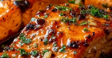 Delicious Honey Garlic Glazed Salmon on a plate served with vegetables.