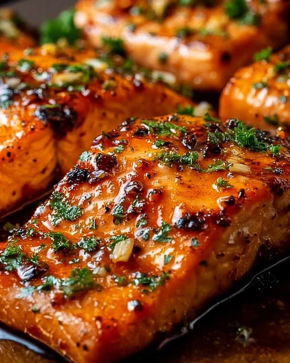 Delicious Honey Garlic Glazed Salmon on a plate served with vegetables.