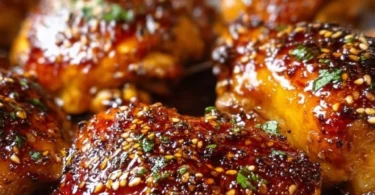 Plate of sticky honey garlic chicken thighs garnished with herbs.