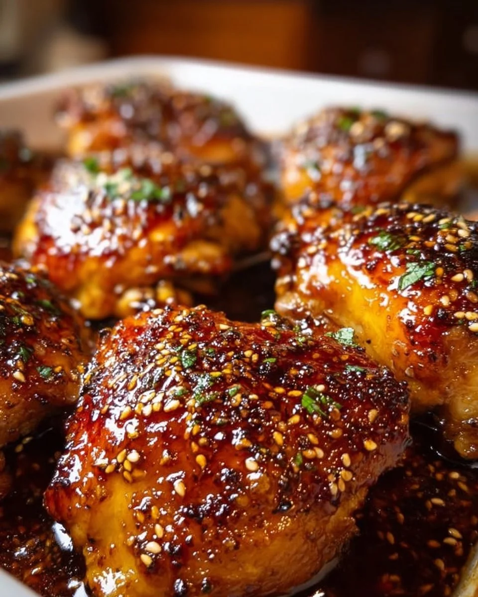 Plate of sticky honey garlic chicken thighs garnished with herbs.