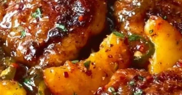 Plate of jalapeño peach chicken garnished with fresh herbs