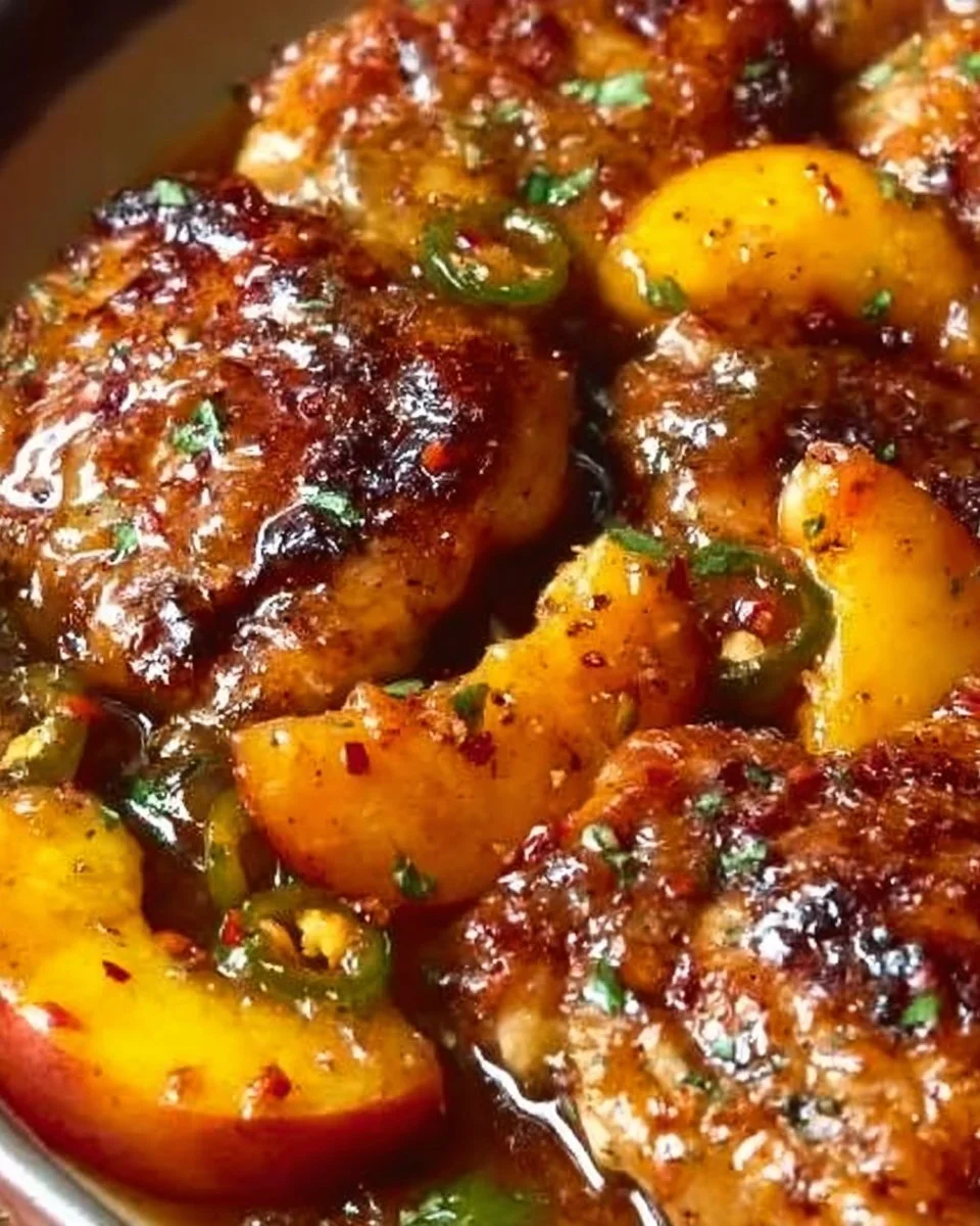 Plate of jalapeño peach chicken garnished with fresh herbs