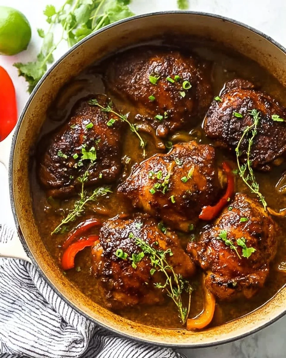 Slow cooker jerk chicken with vibrant herbs and spices in a dish