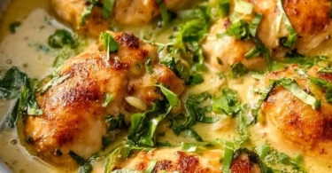 Delicious Lemon Basil Chicken served with fresh herbs and lemon slices
