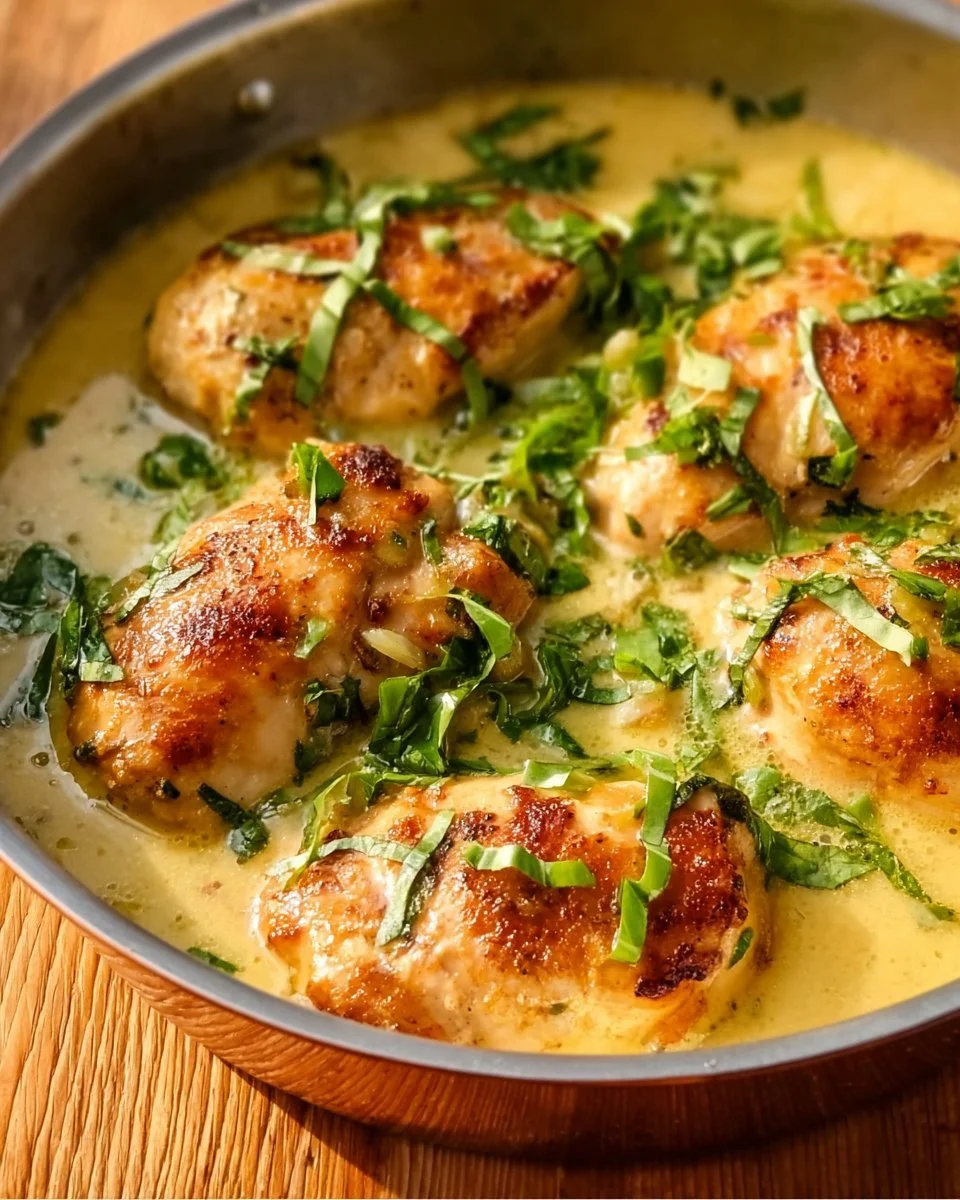 Delicious Lemon Basil Chicken served with fresh herbs and lemon slices