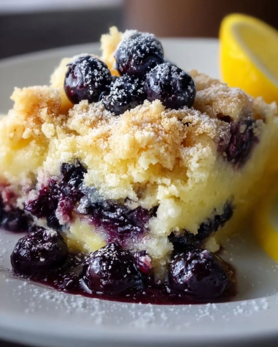 Delicious Lemon Blueberry Cheesecake Dump Cake topped with fresh blueberries.