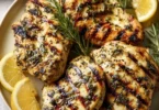 Lemon Herb Grilled Chicken garnished with fresh herbs and lemon slices