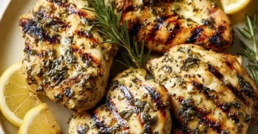 Lemon Herb Grilled Chicken garnished with fresh herbs and lemon slices