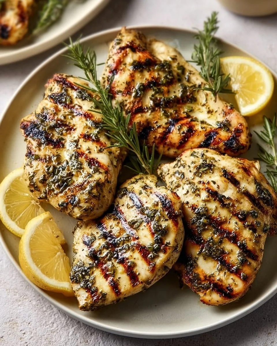 Lemon Herb Grilled Chicken garnished with fresh herbs and lemon slices