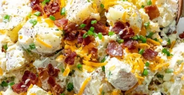 Delicious loaded baked potato salad in a bowl with toppings