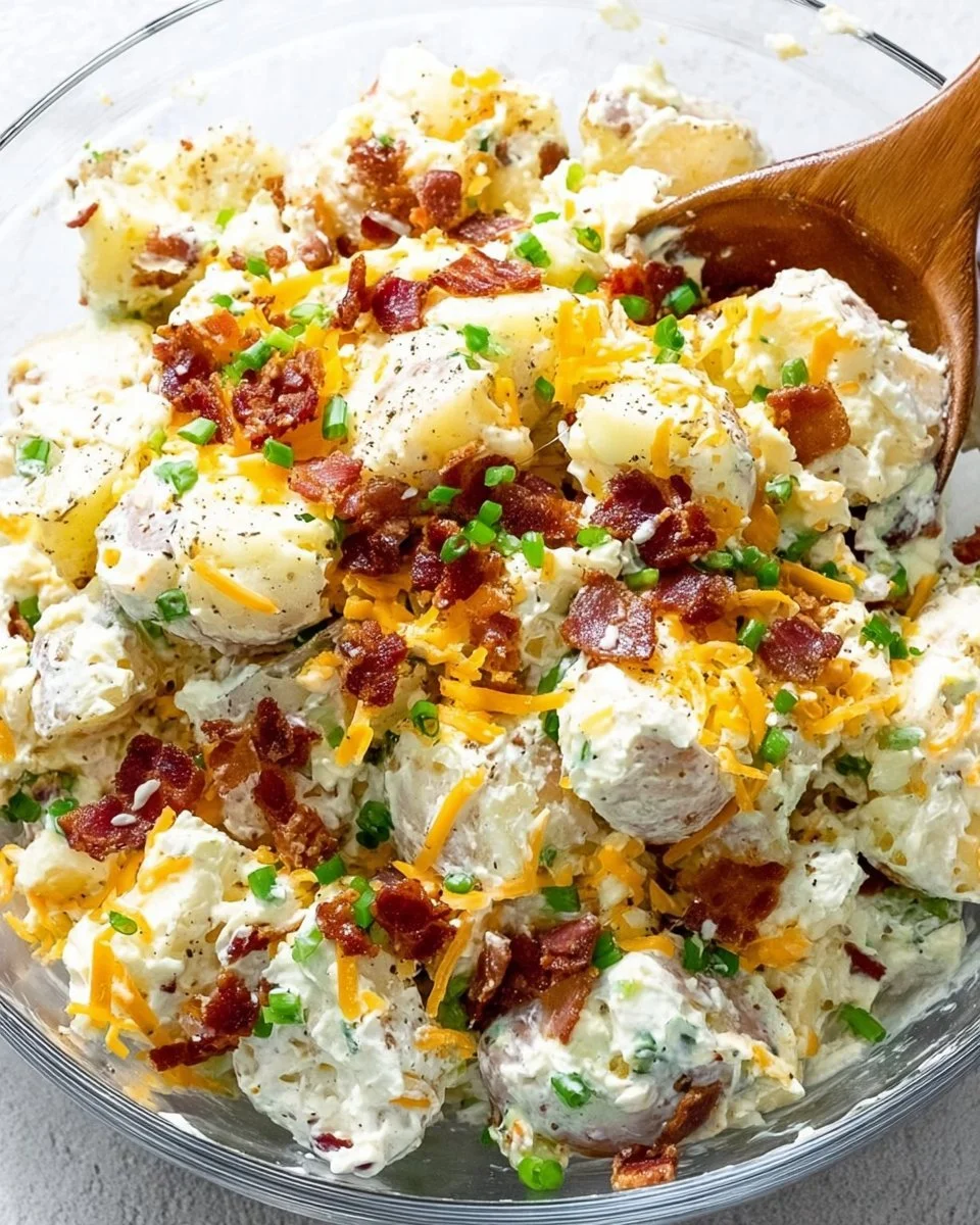 Delicious loaded baked potato salad in a bowl with toppings