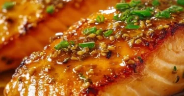 A delicious plate of Maple Mustard Salmon garnished with herbs and lemon.
