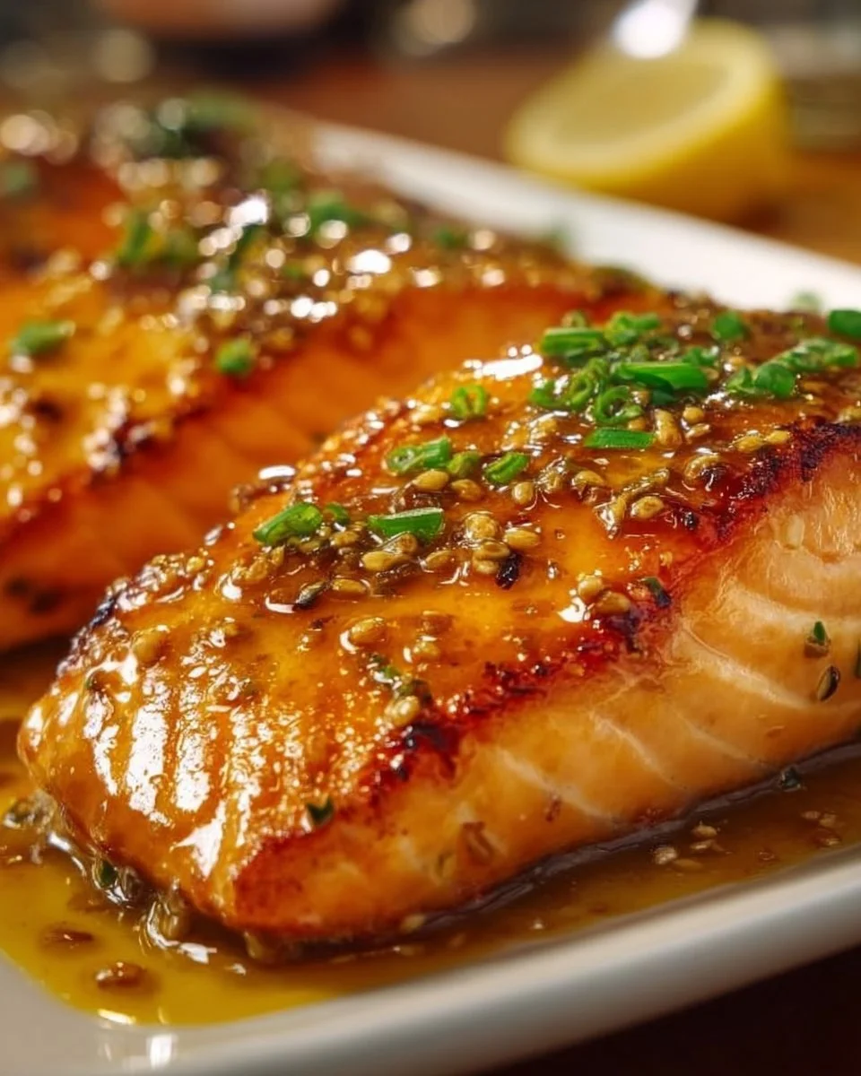 A delicious plate of Maple Mustard Salmon garnished with herbs and lemon.