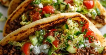 Mediterranean ground beef pita pockets filled with fresh veggies and sauce