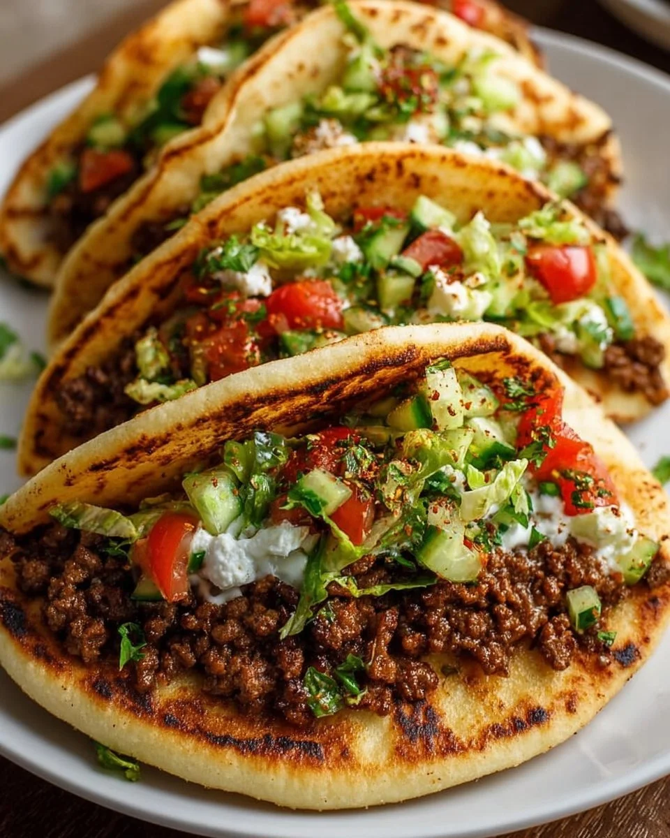 Mediterranean ground beef pita pockets filled with fresh veggies and sauce