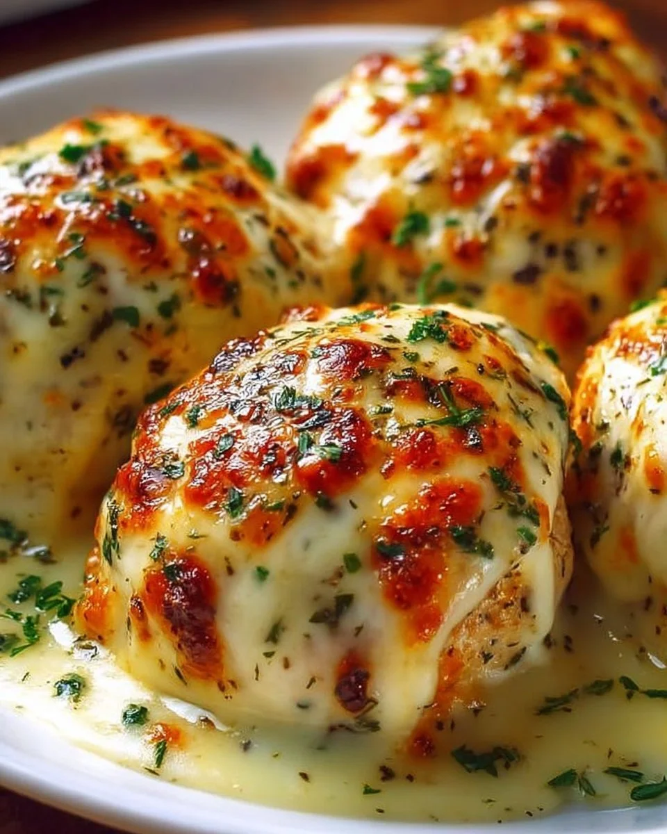 Melted Mozzarella Chicken Bombs with ranch dressing on a plate.