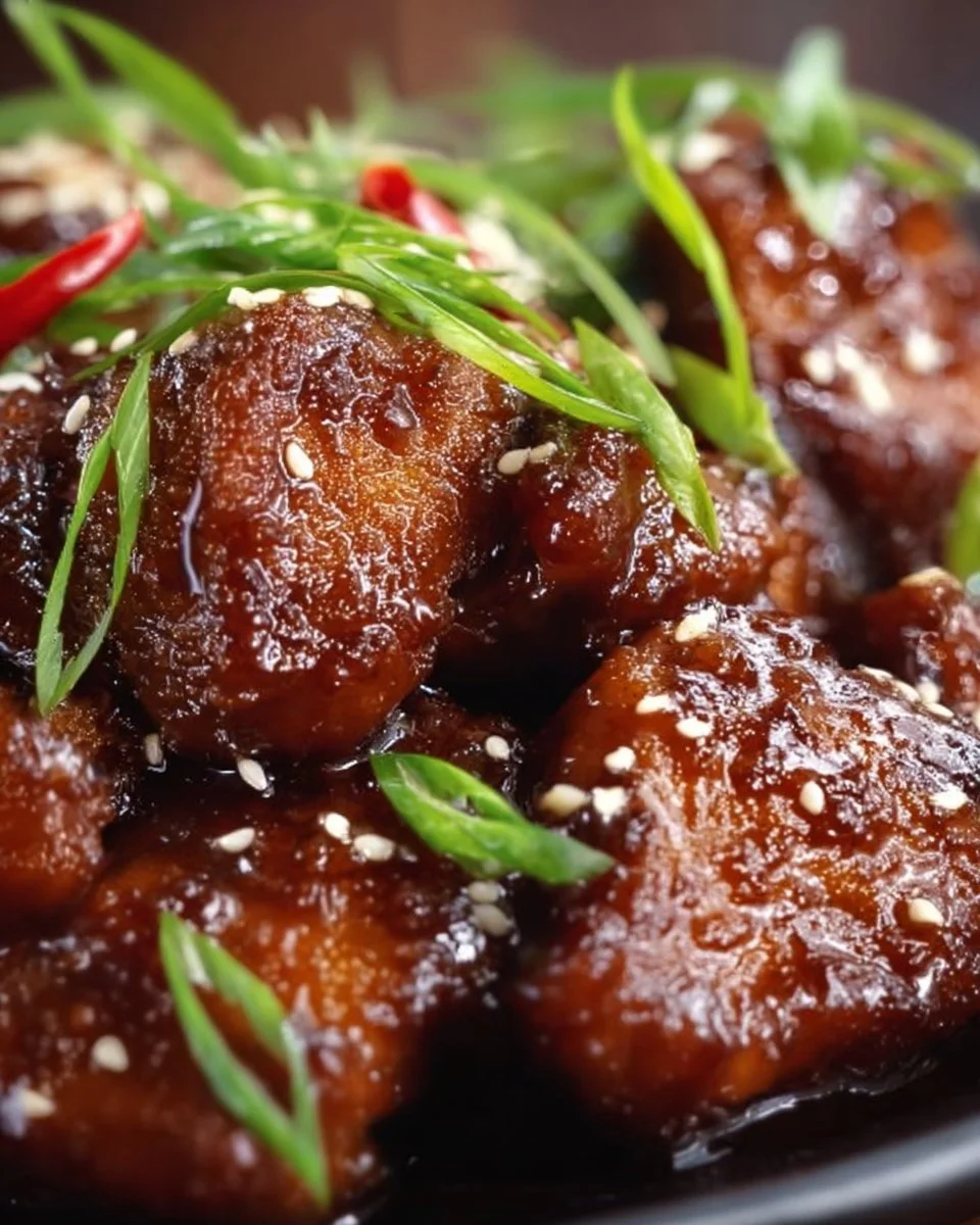 Delicious Mongolian Chicken Thighs garnished with green onions and sesame seeds