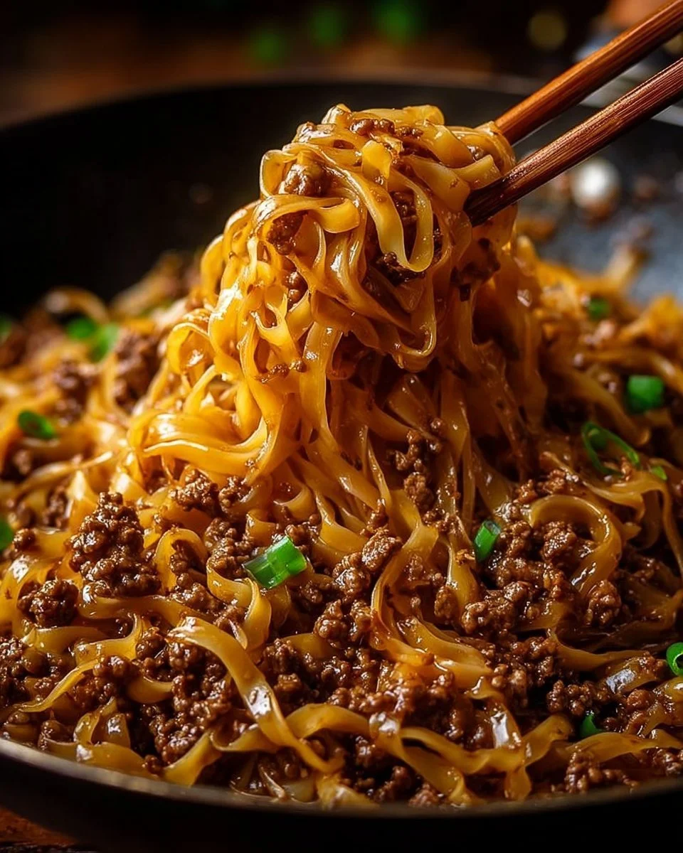 Delicious bowl of Mongolian Ground Beef Noodles with vegetables and spices