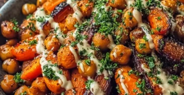 One-Pan Roasted Carrot and Chickpea Bowl with vibrant vegetables and spices