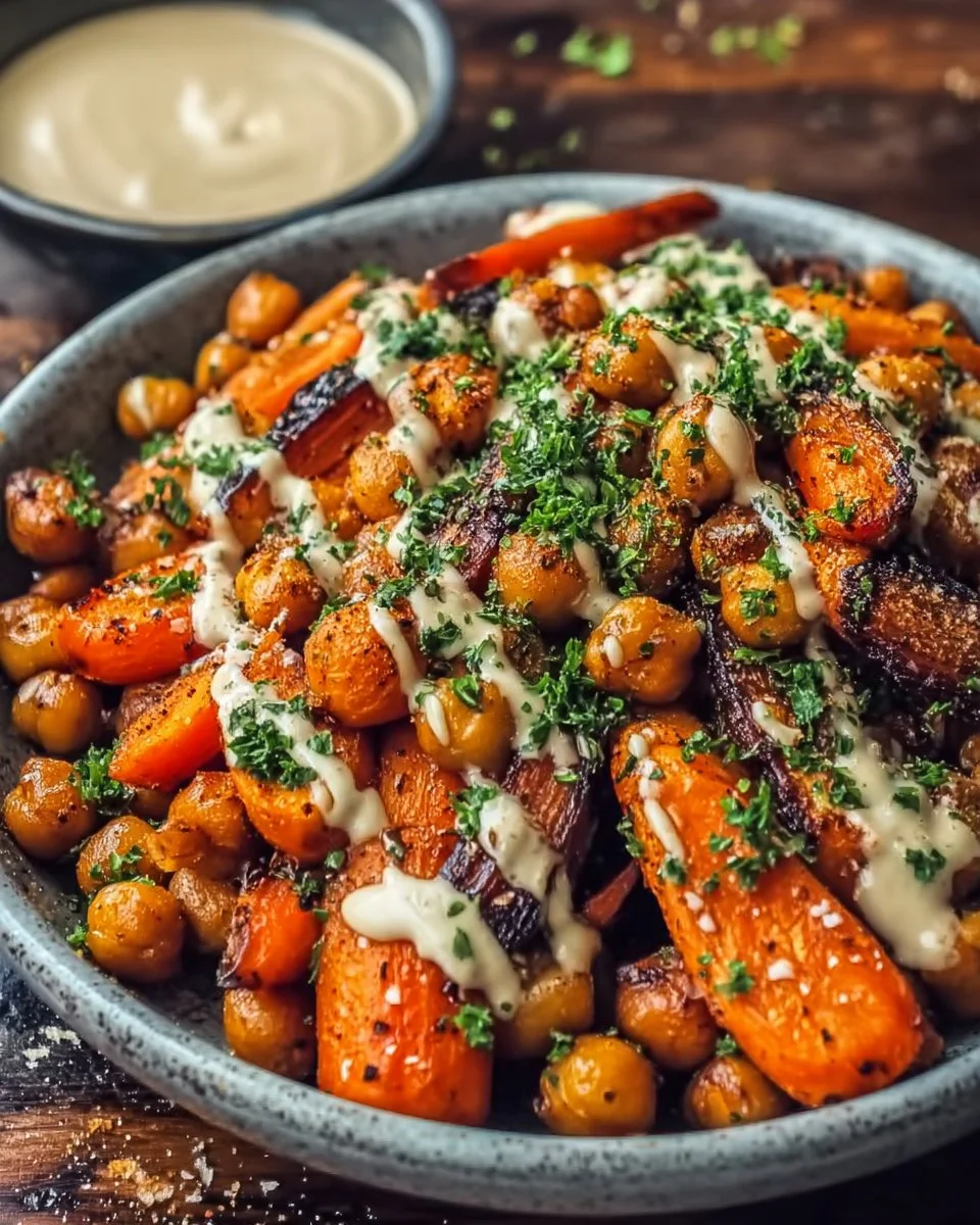 One-Pan Roasted Carrot and Chickpea Bowl with vibrant vegetables and spices